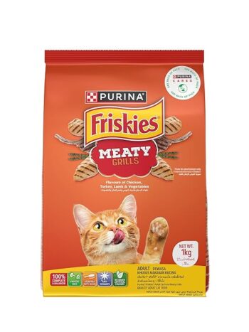 Purina Friskies Meaty Grills Adult Dry Cat Food, 1 Kg, Contains Chicken, Turkey, Lamb and Vegetables Flavours