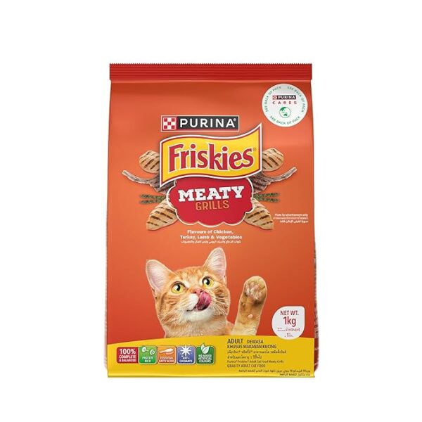 Purina Friskies Meaty Grills Adult Dry Cat Food, 1 Kg, Contains Chicken, Turkey, Lamb and Vegetables Flavours - Image 1