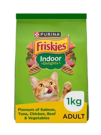 Purina Friskies Indoor Delights Adult Dry Cat Food, 1 kg, Contains Salmon, Tuna, Chicken and Vegetables Flavours