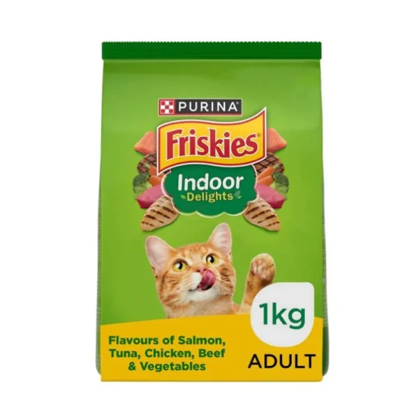 Purina Friskies Indoor Delights Adult Dry Cat Food, 1 kg, Contains Salmon, Tuna, Chicken and Vegetables Flavours - Image 1